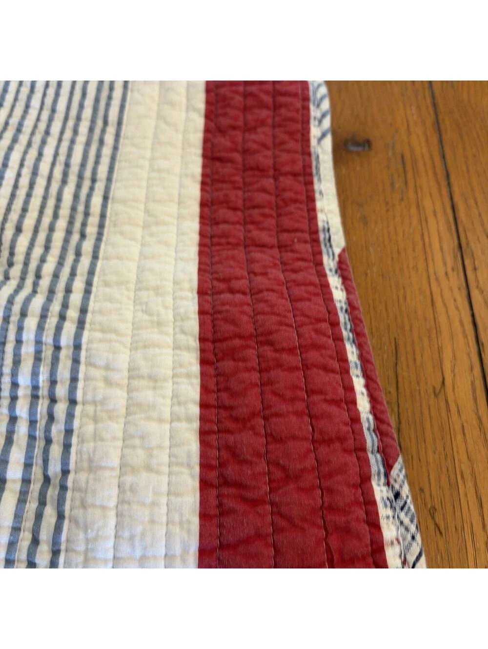 Cotton Quilt Twin Red White Blue Stripe And Plaid Comfy And Preowned Well Loved